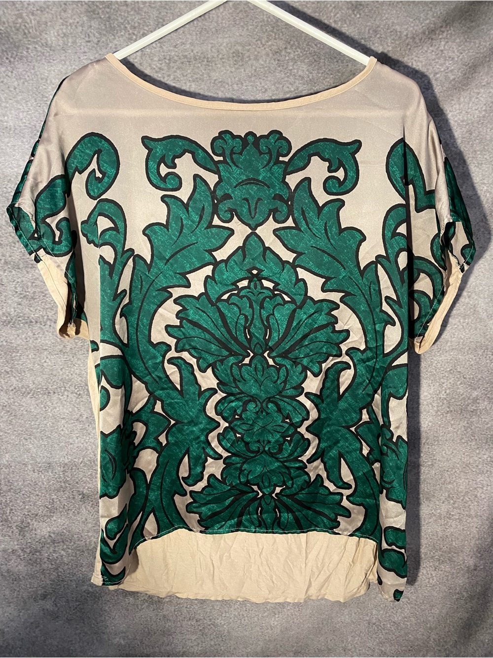 Alfani Green Damask Print Mixed Media Short Sleeve Blouse Top Size L Large
